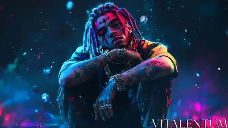 Digital portrait depicts seated figure in neon-lit environment