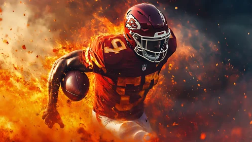 Gridiron runner erupting through cinematic firestorm imagery.