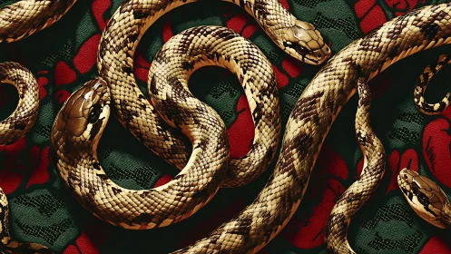 Coiled serpents over embroidered red and green textile pattern.