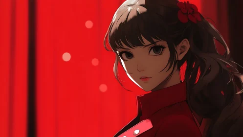 Anime girl in red coat stands before bold crimson backdrop