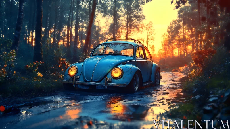Weathered blue beetle on wet forest road at sunrise.