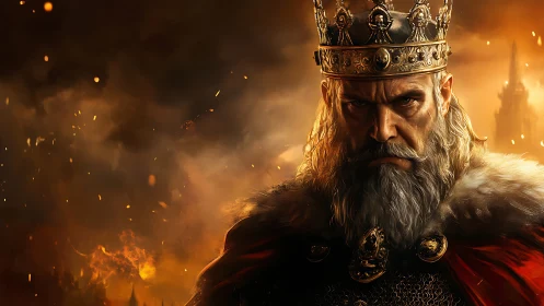 Battle-scarred king amid burning medieval citadel.