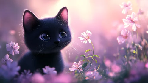Obsidian Kitten Dreams Among Lavender Blooms.