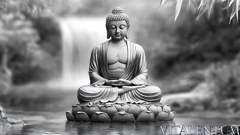 Buddha statue seated on lotus above calm water surface.