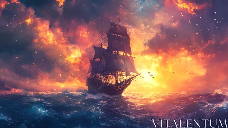 Tall ship on fiery ocean horizon under vivid sunset sky.