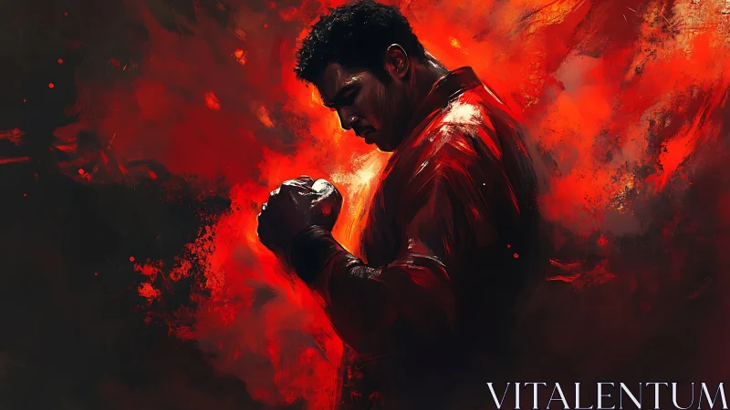 Male figure in red jacket within abstract red field.