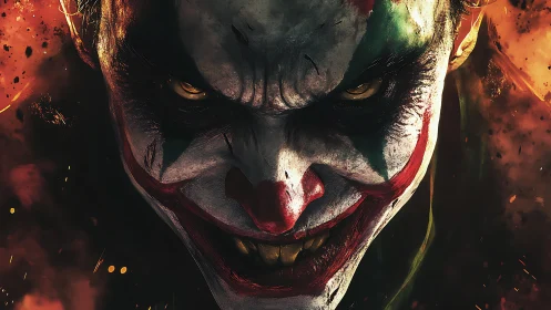 Smoldering clown face framed by firelit, unsettling shadows.