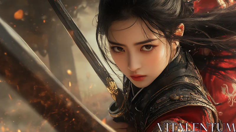 Storm-eyed warrior in ember-swept battlefield stillness.