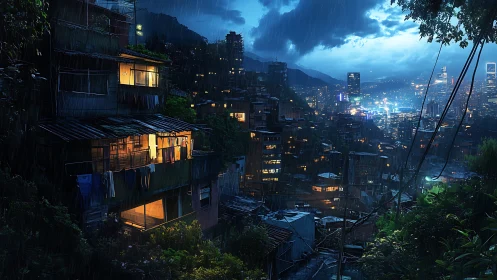 Hillside informal housing at night beside modern city skyline.