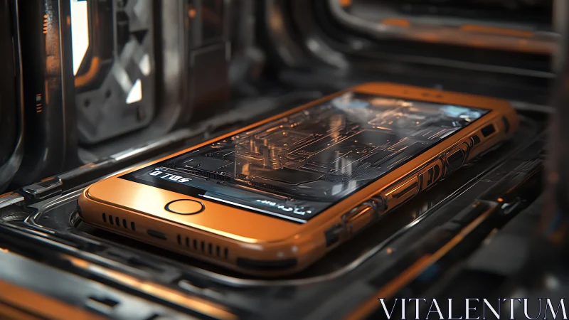 Orange smartphone on metallic cradle in futuristic enclosure.