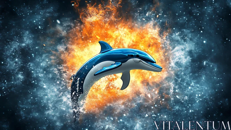 Playful cosmic dolphin leaping through fire and stardust.