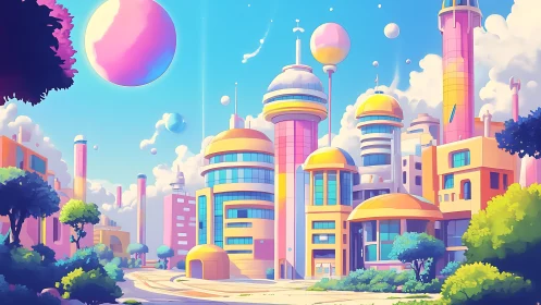 Futuristic pastel cityscape with domed towers and spheres.