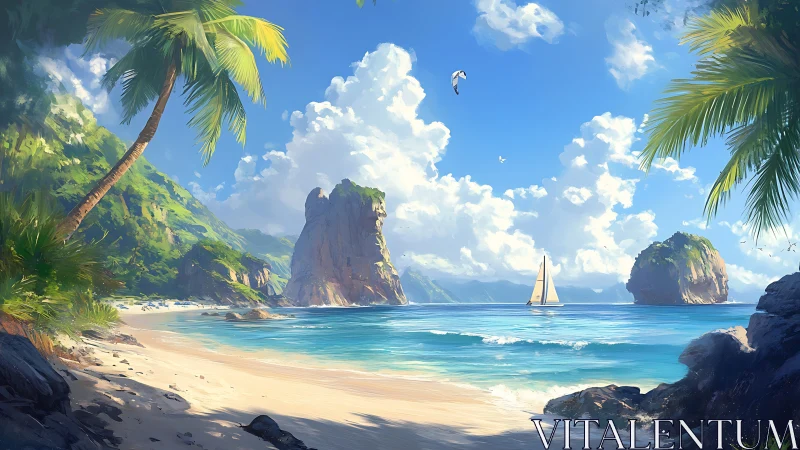 Tropical Coastal Landscape with Rock Formations and Sailboat