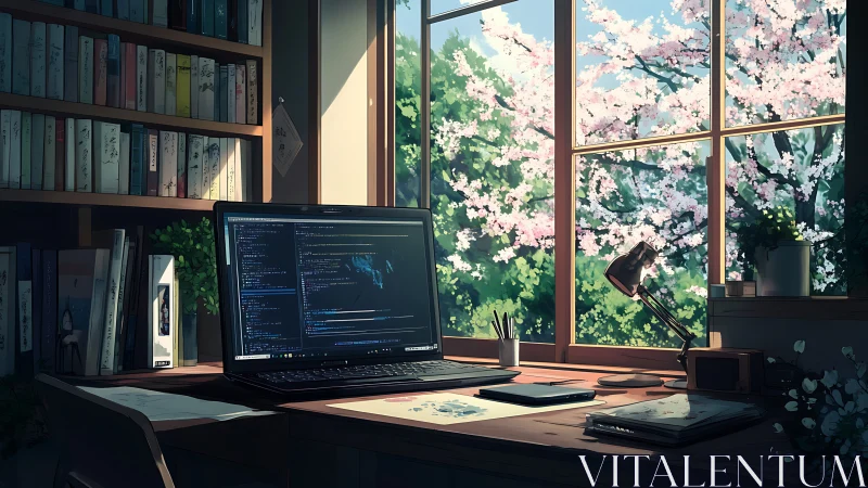 Home coding desk facing spring cherry blossom window.