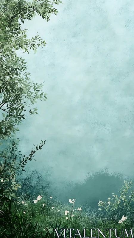 Vertical meadow vignette frames soft teal atmospheric void