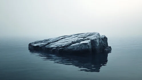 Isolated rock formation in calm misty open water.