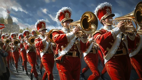 Brass-bright marchers blast sunlight down a city street