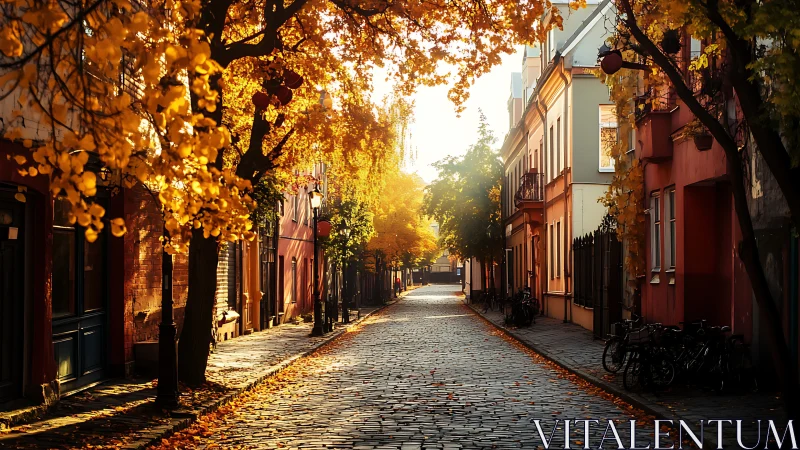 Sunlit cobblestone street lined with colorful autumn trees.