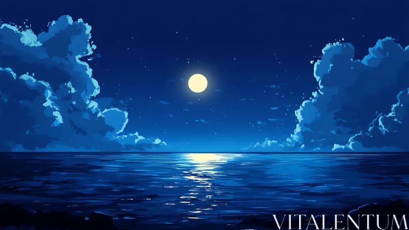 Lunar-lit ocean horizon with cumulus cloud banks in deep blue