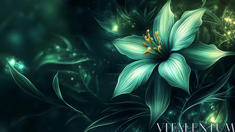 Glowing teal fantasy flower on dark abstract background.