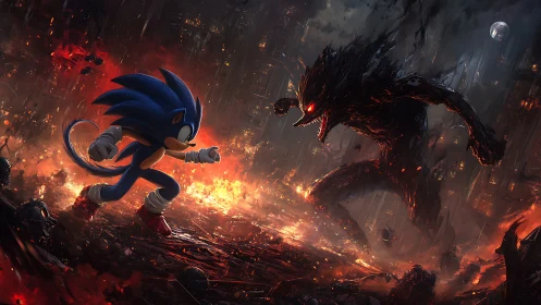 Sonic confronts towering demon in fiery apocalyptic ruins.