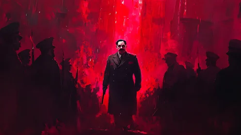 Commanding officer amid crimson inferno of soldiers.