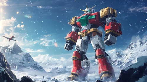 Gentle giant mecha guardian roaming a bright winter sky.