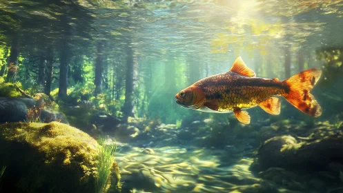 Golden fish gliding through clear sunlit forest stream.