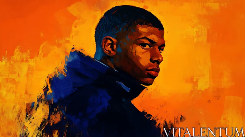 Bold digital portrait against vivid orange backdrop.