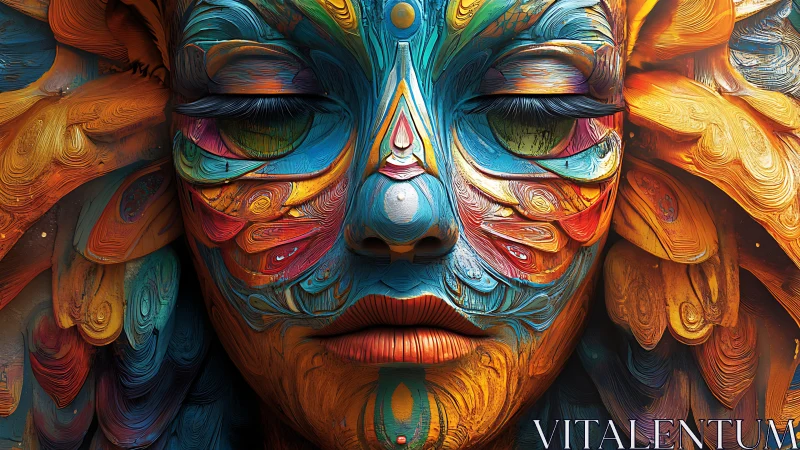 Surreal painted face dissolves into swirling cosmic feathers