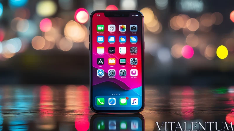 iPhone Display with App Icons Against Urban Bokeh Background