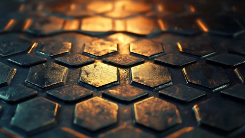 Metal hexagonal plates under warm reflective lighting grid.