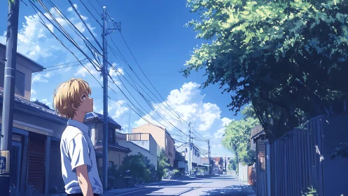 Boy under summer sky pauses on quiet suburban street.