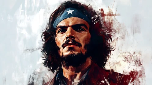 Storm-eyed rebel in blue bandana against bright painted haze.