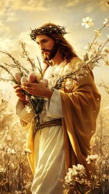 Gentle savior walks through golden field with blooming hope