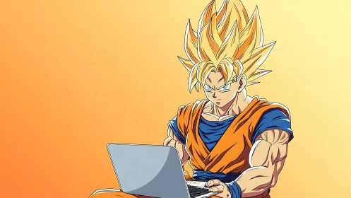 Super-powered anime hero calmly focuses on work at laptop