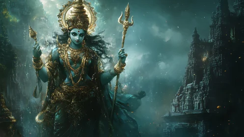 Hindu goddess figure in ornate temple fantasy setting.