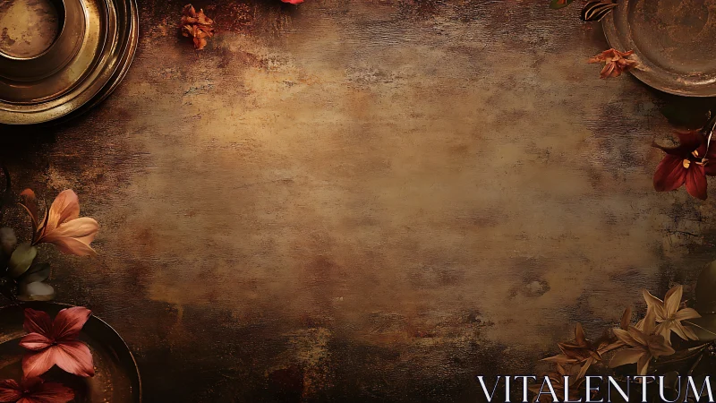 Metal plates and flowers on distressed brown background.