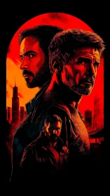 Neo-noir double portrait under blood-red city sky.