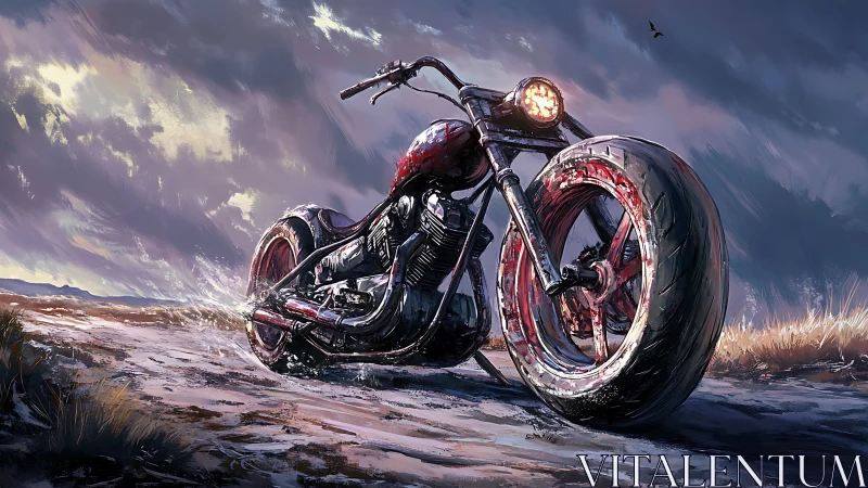 Low-angle digital painting of custom motorcycle in stormlight