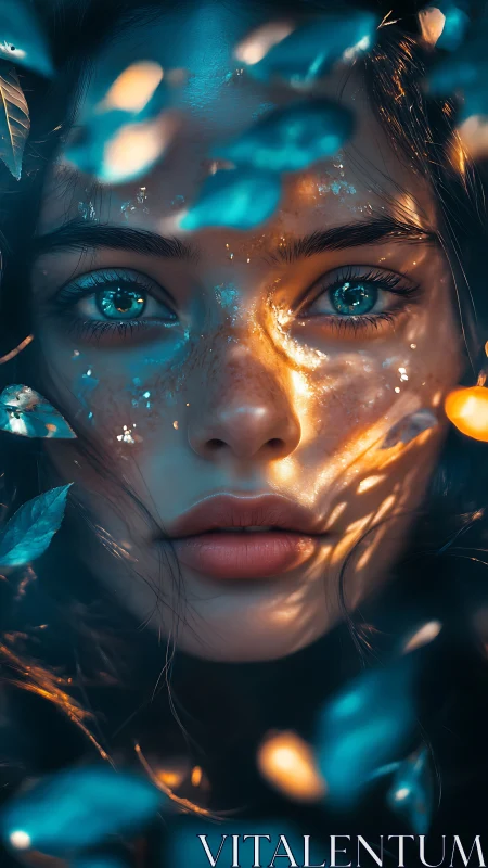 Female face framed by foliage with mixed cool-warm light.