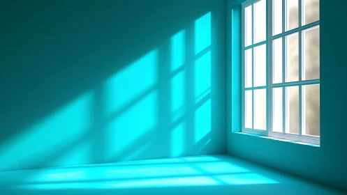 Sunlit turquoise room filled with gentle morning window light.