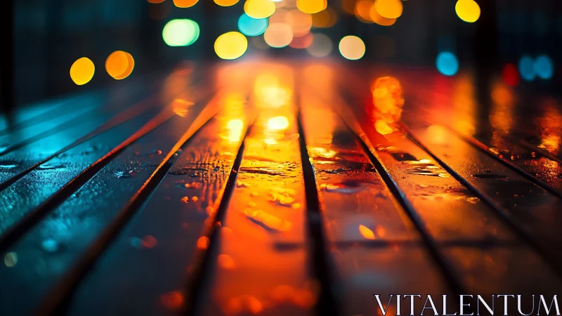 Wet city bench glowing with blurred neon bokeh lights.