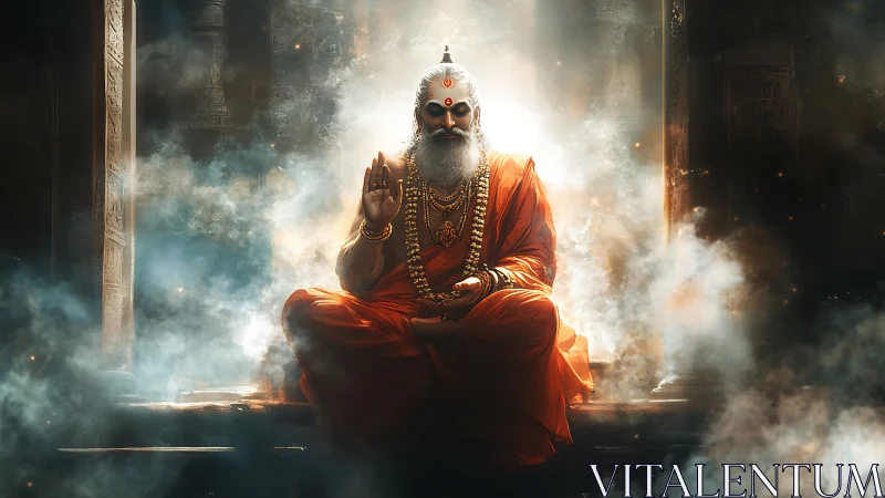 Mystic sage seated in radiant temple smoke and light.