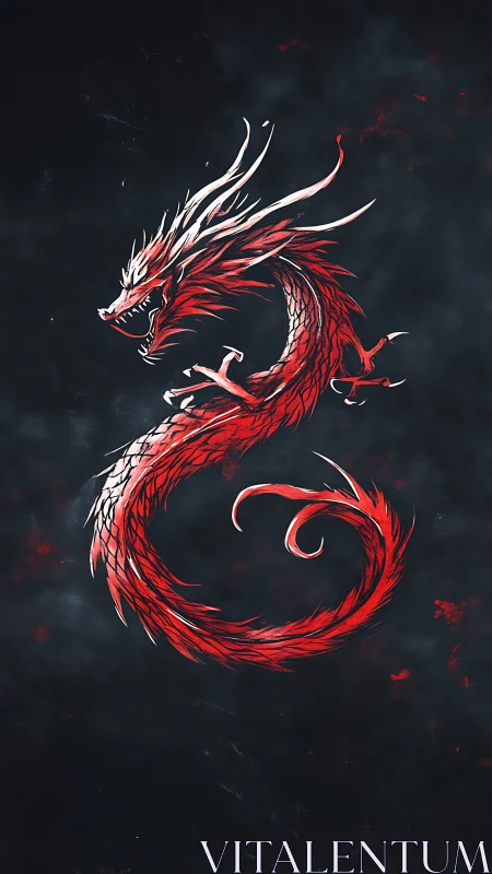 Coiled red dragon rendered with high-contrast edge lighting and dynamic ink