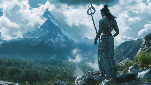 Divine warrior overlooks misty mountain valley from rocky ledge