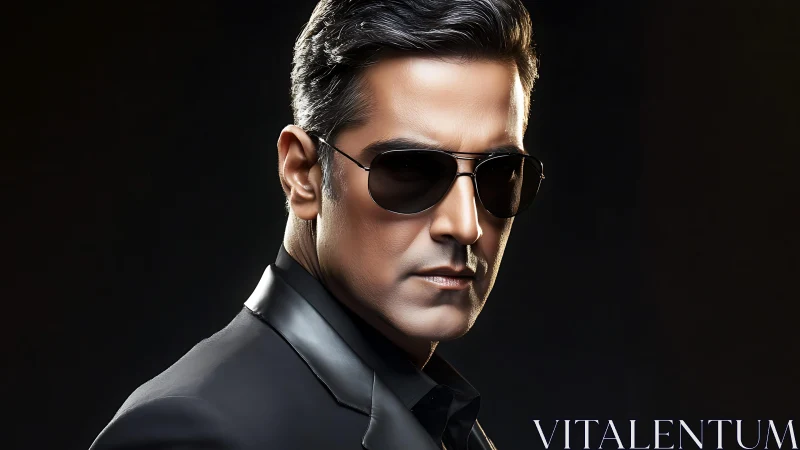 Stylish man in sunglasses against dark studio background.