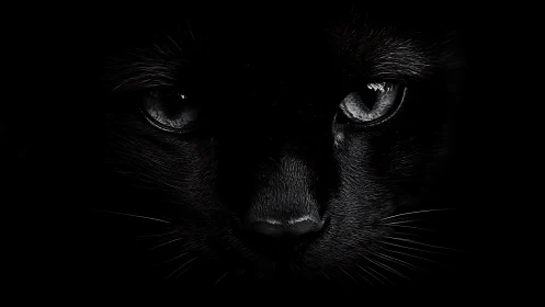 Black Cat Portrait: Frontal Face Close-up Against Dark Background