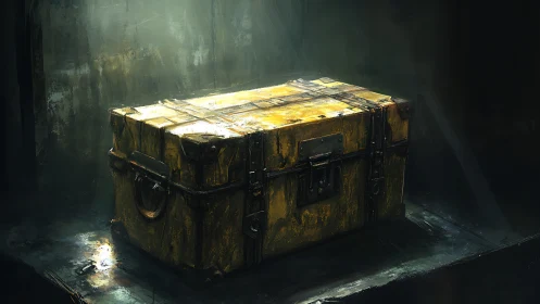 Weathered yellow metal chest under harsh spotlight in dark room.