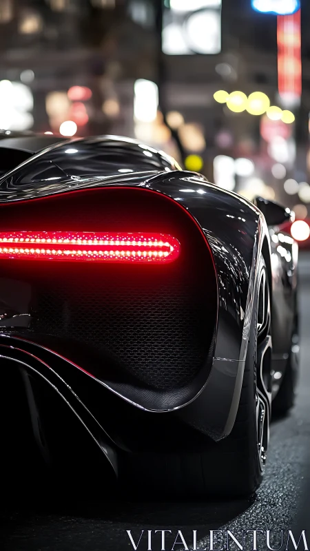 Rear view shows sleek black supercar with illuminated taillight